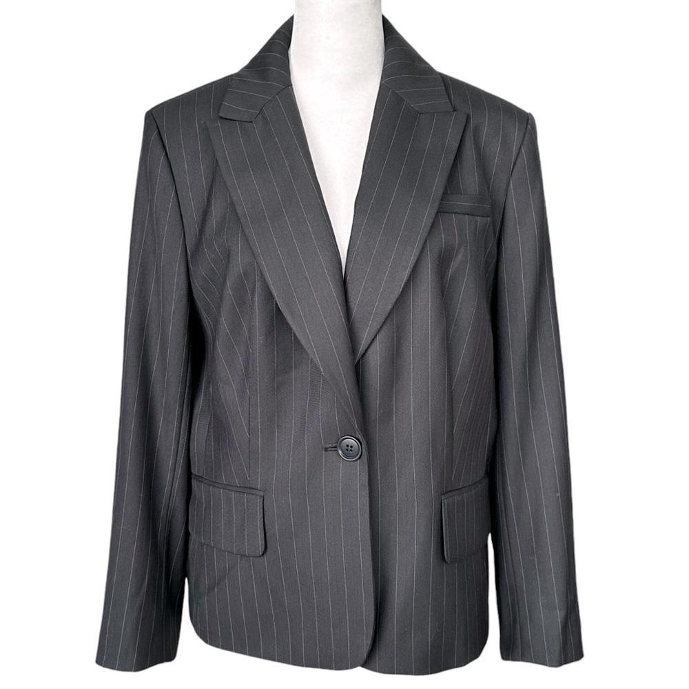 NEW Anne Taylor LOFT One Button Pinstriped Blazer Jacket Charcoal Gray Size 12‎